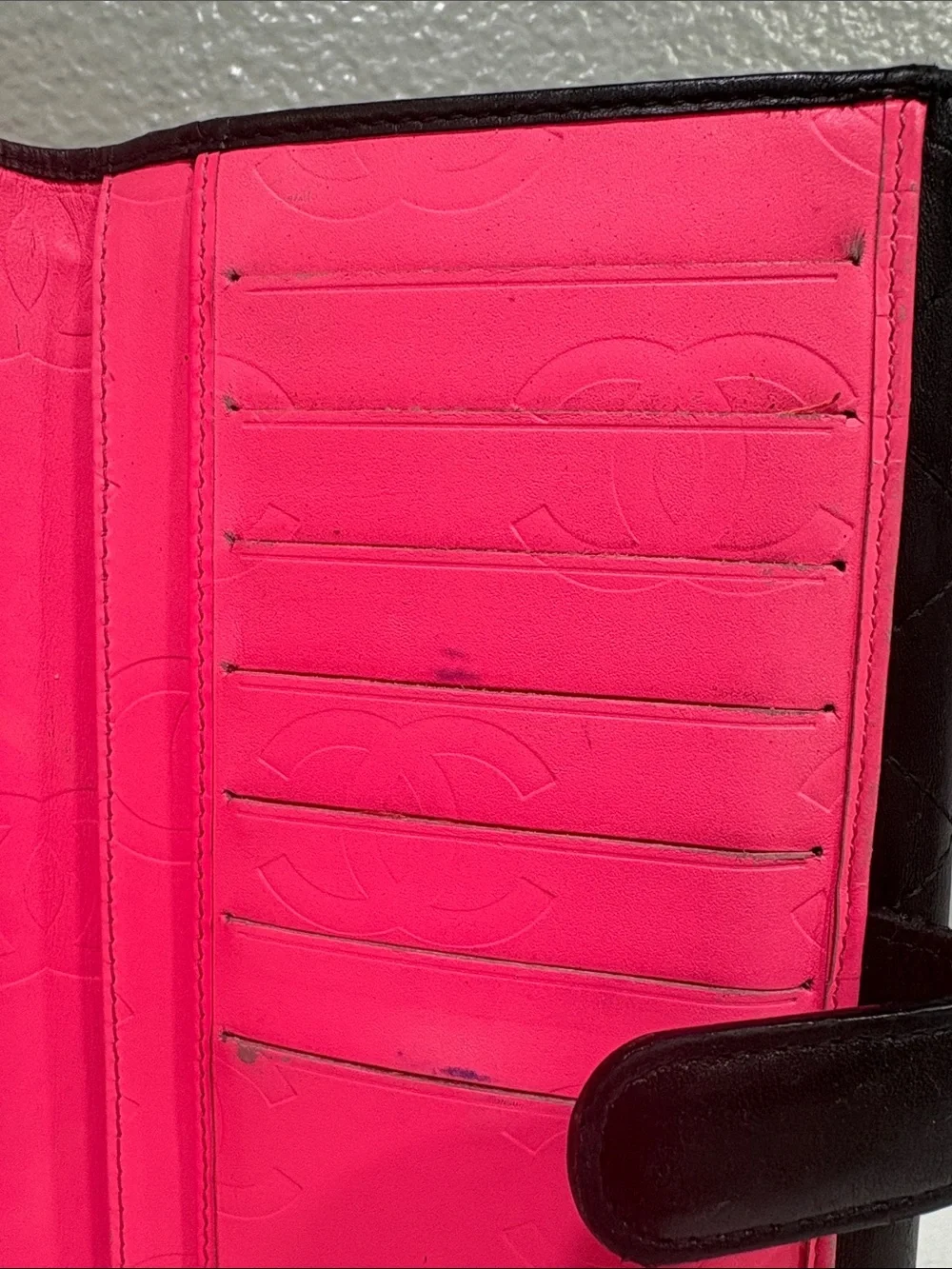 CHANEL Cambon Quilted Leather Flap Wallet pink interior